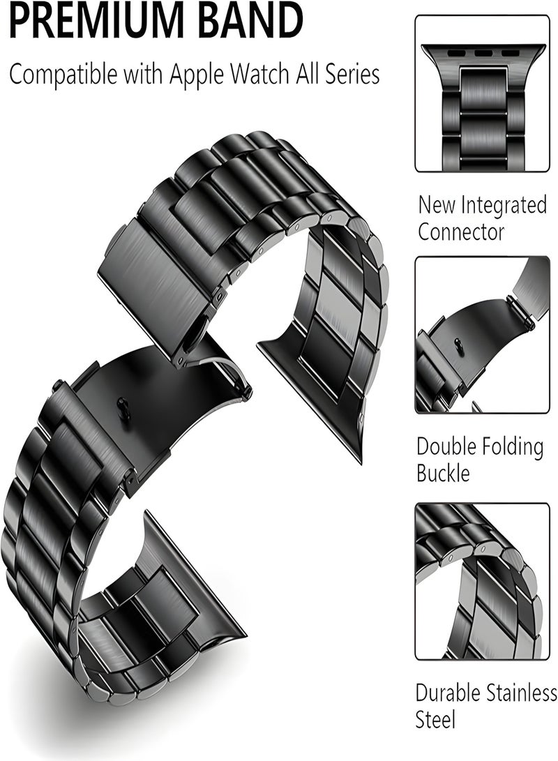 سوار ستانلس ستيل فاخر للساعات الذكية مقاس 42–49 مم مع قفل فراشة مزدوج بزر أمان – تصميم أنيق وثبات قوي سوار بديل من فولاذ مقاوم للصدأ لساعات آبل ووتش مقاس 38 و40 و41 و42 و44 و45 و46 و49 ملم سيريز 10 و9 و8 و7 و6 و5 و4 و3 و2 و1 وSE وSE 2 الترا 2 والترا - أسود - Image 4